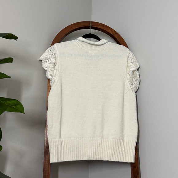 LC Lauren Conrad XL White Pointelle Knit Flutter Sleeve Crochet Sweater Top NEW - Picture 3 of 10
